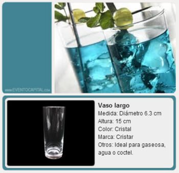 Alquilar vaso largo de cristal para gaseosa o jugo para fiestas y eventos en Bogotá - ver precios y fotos de alquileres económico para fiestas y eventos