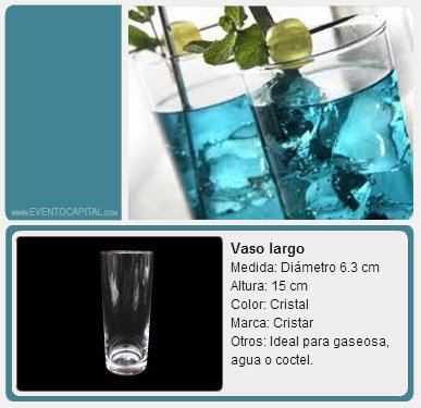 Alquilar vaso largo de cristal para gaseosa o jugo para fiestas y eventos en Bogotá - ver precios y fotos de alquileres económico para fiestas y eventos