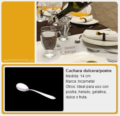 Alquilar Cuchara Dulcera - Cuchara postre o ponque - cubiertos para fiestas y eventos en Bogotá - ver precios y fotos de alquileres económico para fiestas y eventos