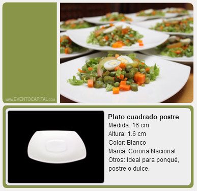 Alquilar plato cuadrado pequeño para postre ponque o ensalada - platos vajilla para fiestas y eventos en Bogotá - ver precios y fotos de alquileres económico para fiestas y eventos