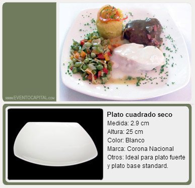 Alquilar Plato cuadrado para seco - vajilla para fiestas y eventos en Bogotá - ver precios y fotos de alquileres económico para fiestas y eventos