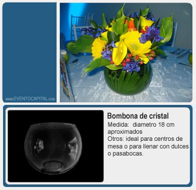 Alquilar bombona de cristal - jarron en vidrio centro de mesa para fiestas y eventos en Bogotá - ver precios y fotos de alquileres económico para fiestas y eventos