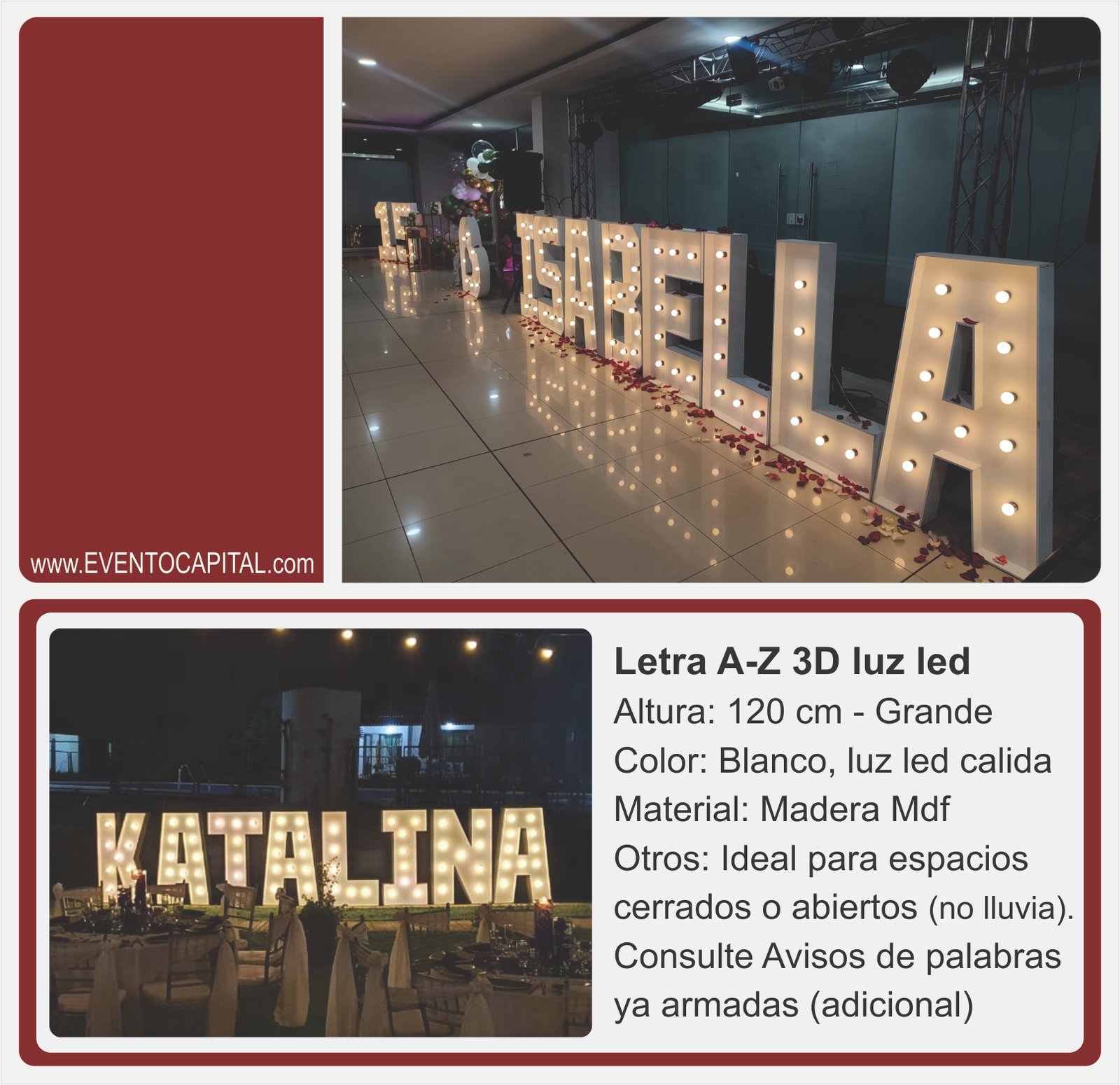 Alquilar Letras en mdf luminosas - letras gigantes con luz led para fiestas y eventos en Bogotá - ver precios y fotos de alquileres económico para fiestas y eventos