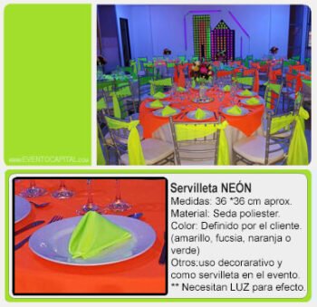Alquilar Servilletas color neon - manteleria quince años para fiestas y eventos en Bogotá - ver precios y fotos de alquileres económico para fiestas y eventos