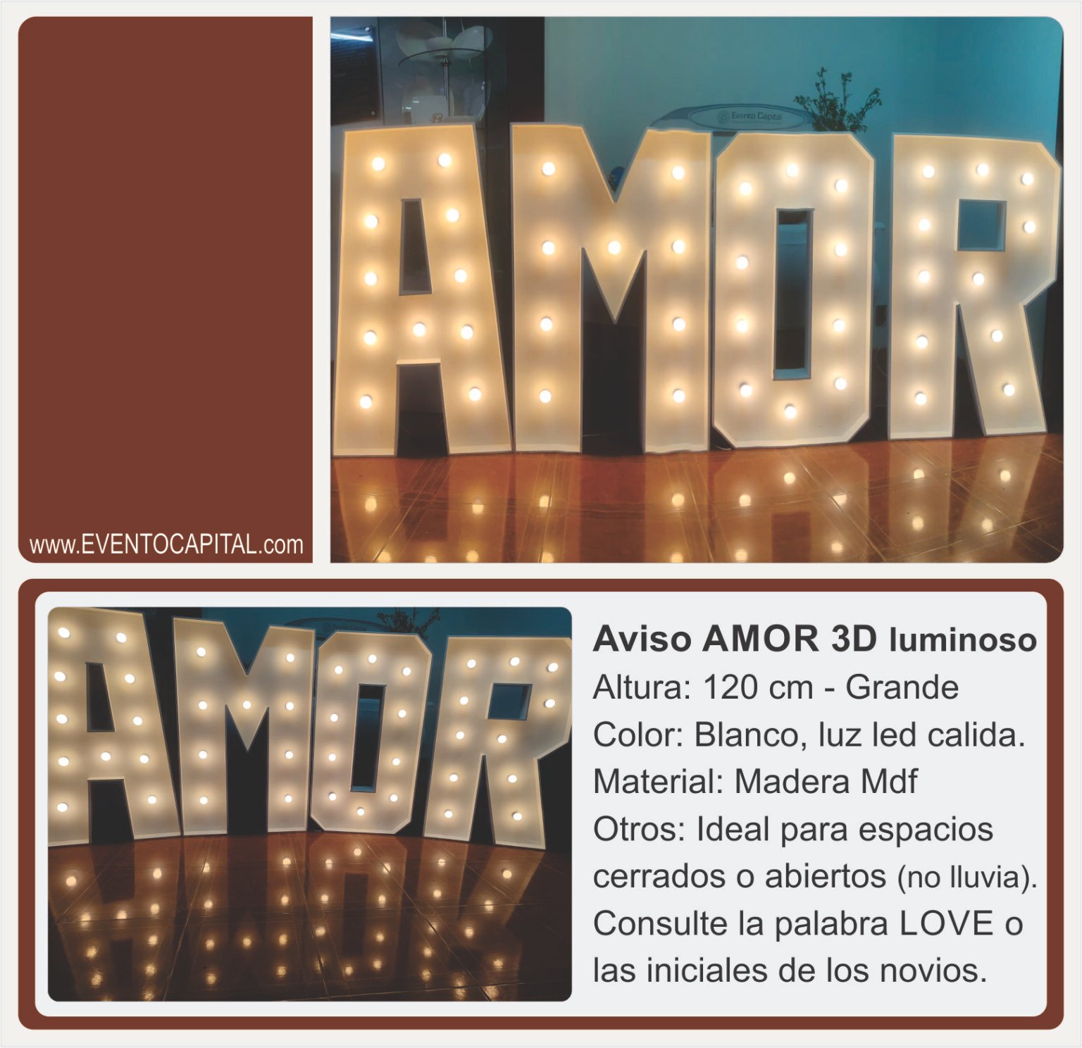 Letra (A-Z) 120cm en madera con luz led - Alquileres Para Eventos