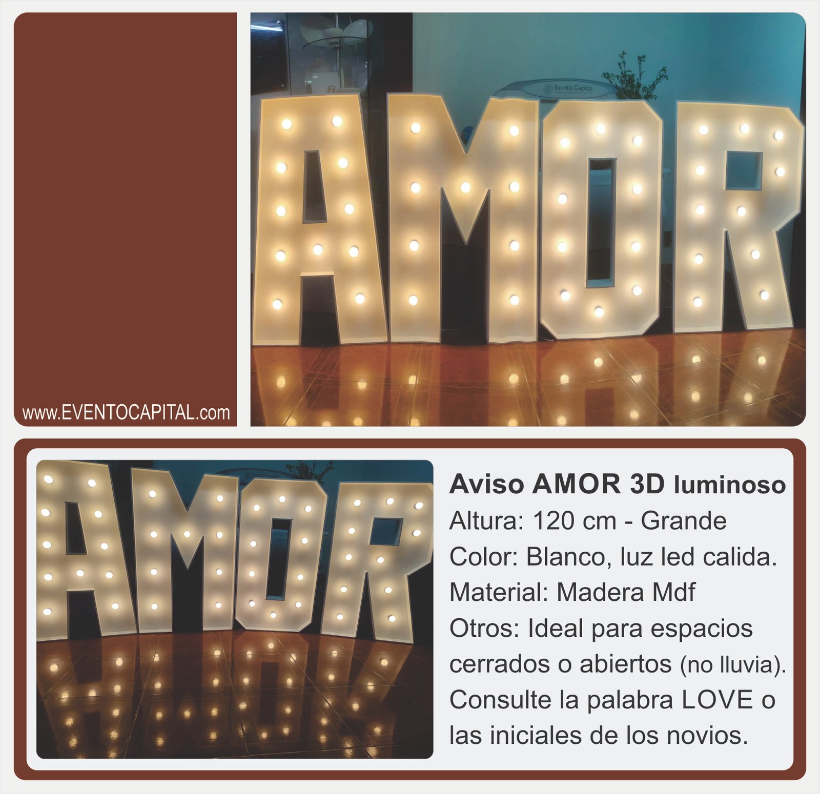 Alquilar letras amor madera led mdf con luz led - letras gigantes para fiestas y eventos en Bogotá - ver precios y fotos de alquileres económico para fiestas y eventos -letras en madera con luz led para decorar bodas novios love amor