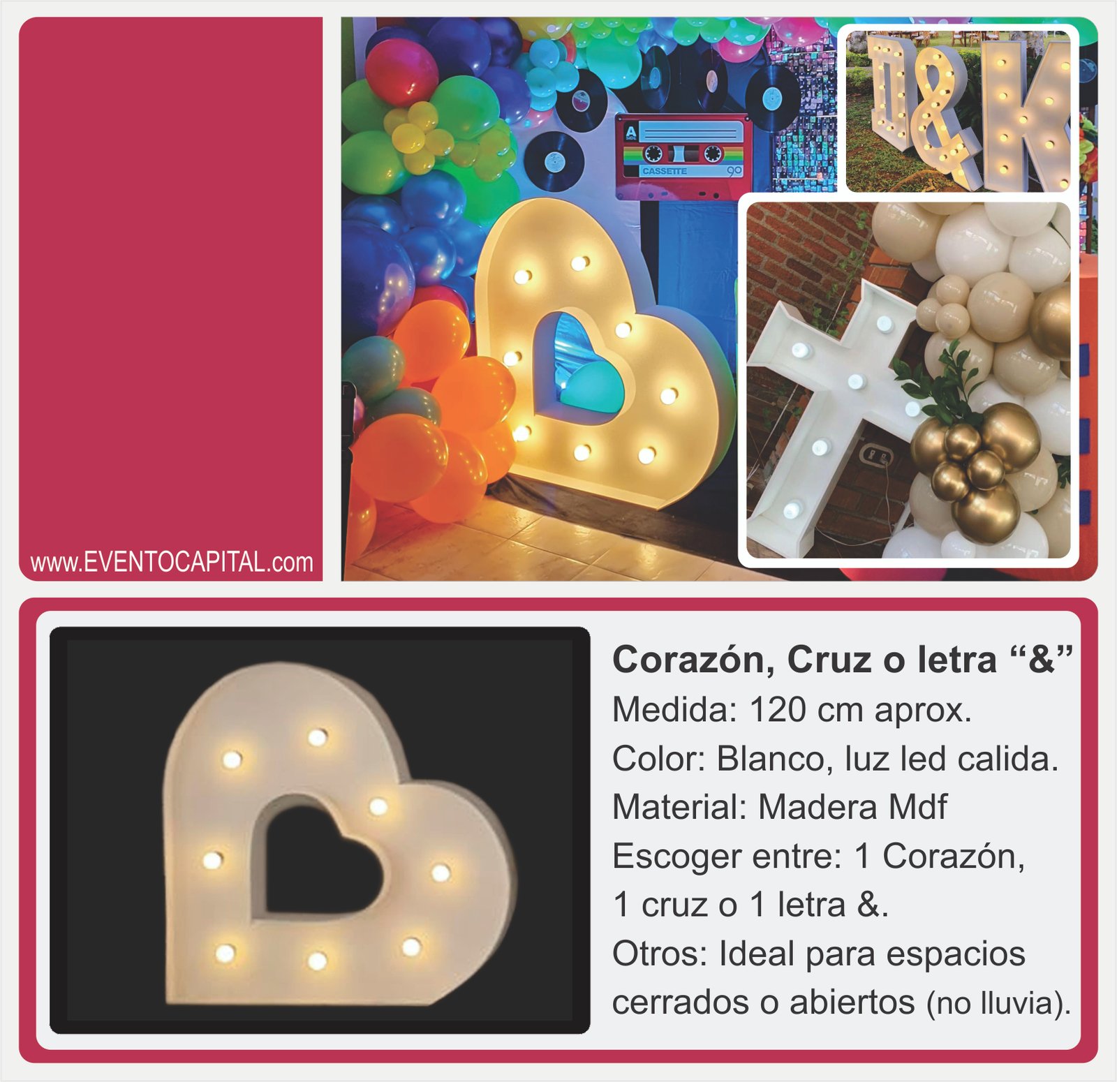 alquiler para eventos en Bogotá letra corazón led con luz - letra gigante en mdf - ver precios y fotos alquiler económico para fiestas y eventos