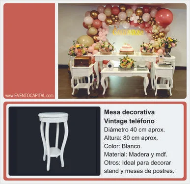 Alquilar mesa vintage telefono - mesa decorativa para fiestas y eventos en Bogotá - ver precios y fotos de alquileres económico para fiestas y eventos