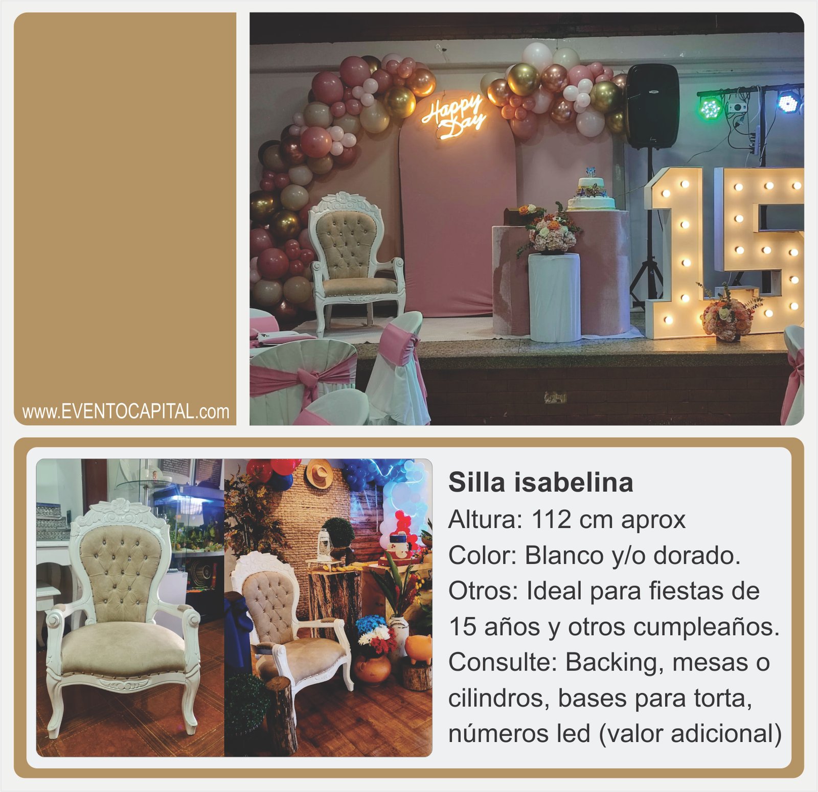 Alquilar Sillas isabelina - silla quinceañera para fiestas y eventos en Bogotá - ver precios y fotos de alquileres económico para fiestas y eventos